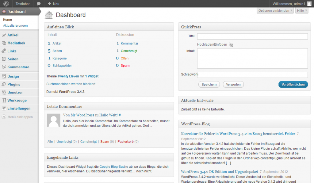 Wordpress Dashboard für Administratoren